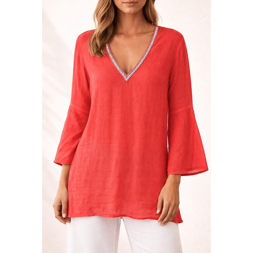 120% Lino Women's Linen Tunic Top Coral Red Rhinestone V-Neck Bell Sleeve Blouse